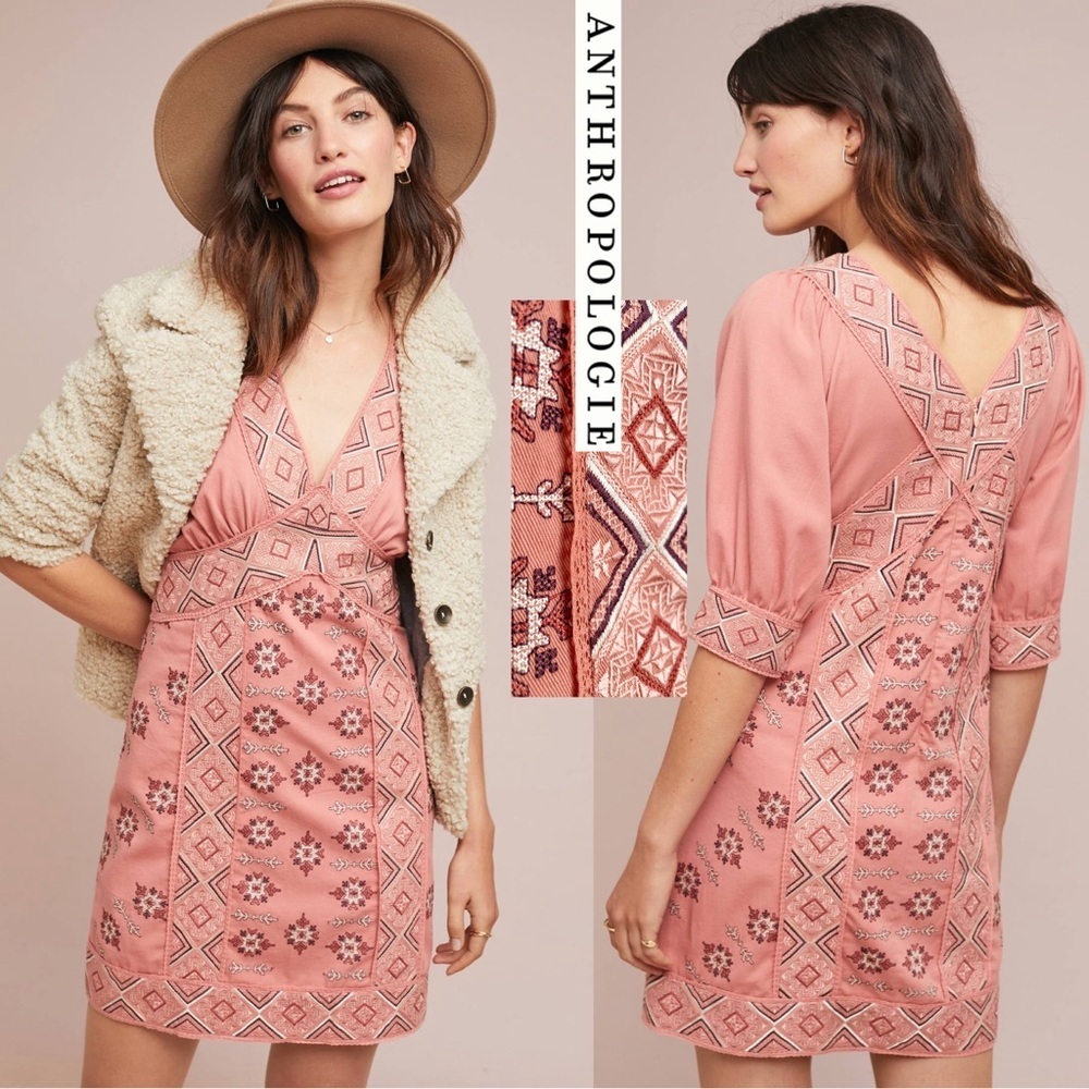$395‼️Anthropologie Love Sam Embroidered Monterrey Tunic Dress Boho Aztec Boho